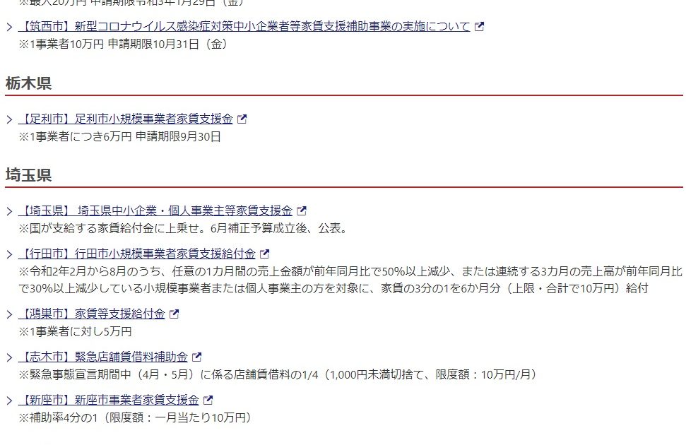 家賃支援金（都道府県別） 新型コロナウイルスに関連した地域の家賃に対する支援についてまとめています